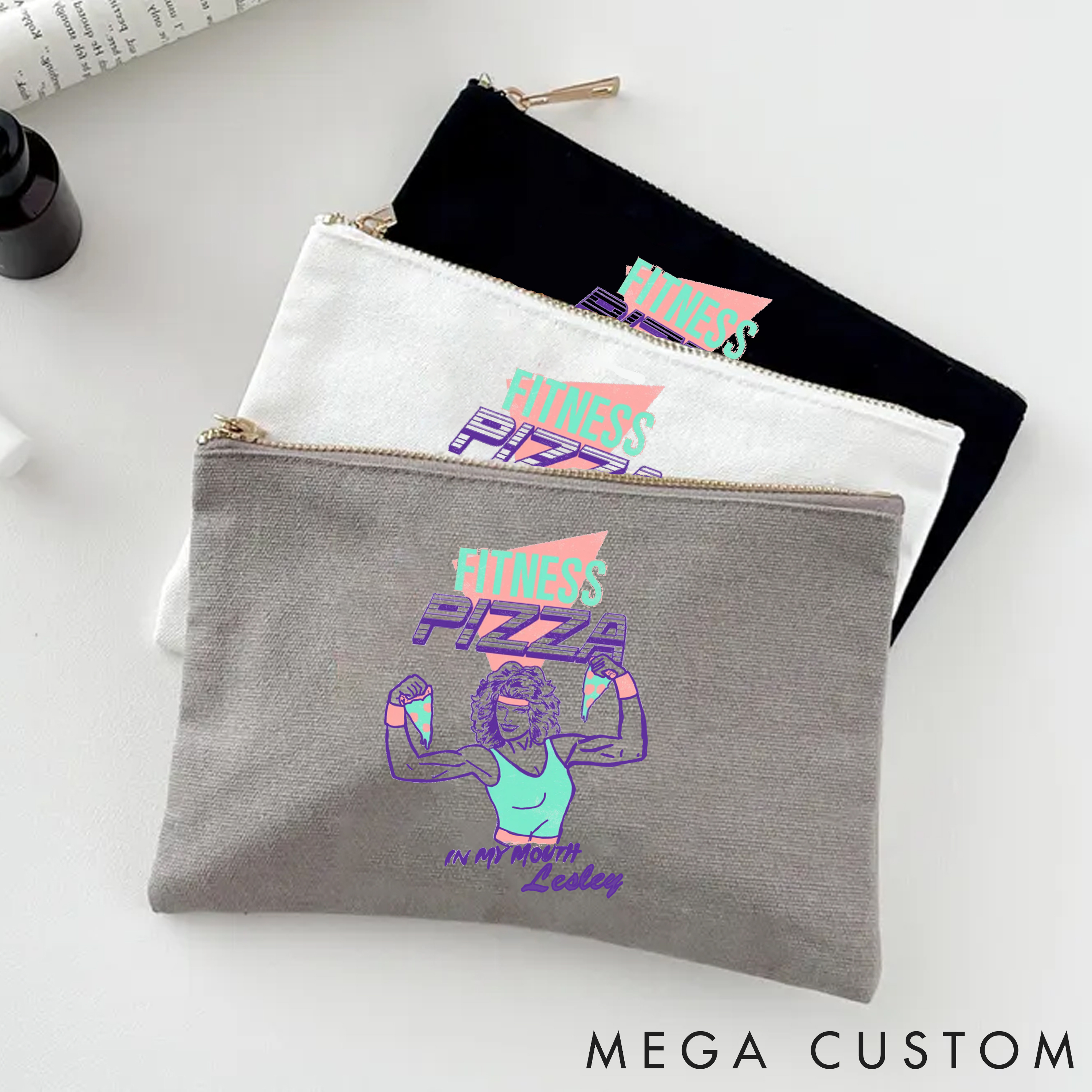Personalized Zipper Makeup Bag with Playful Gym and Pizza Themed Artwork for Fitness Enthusiasts Bodybuilders and Gym Lovers