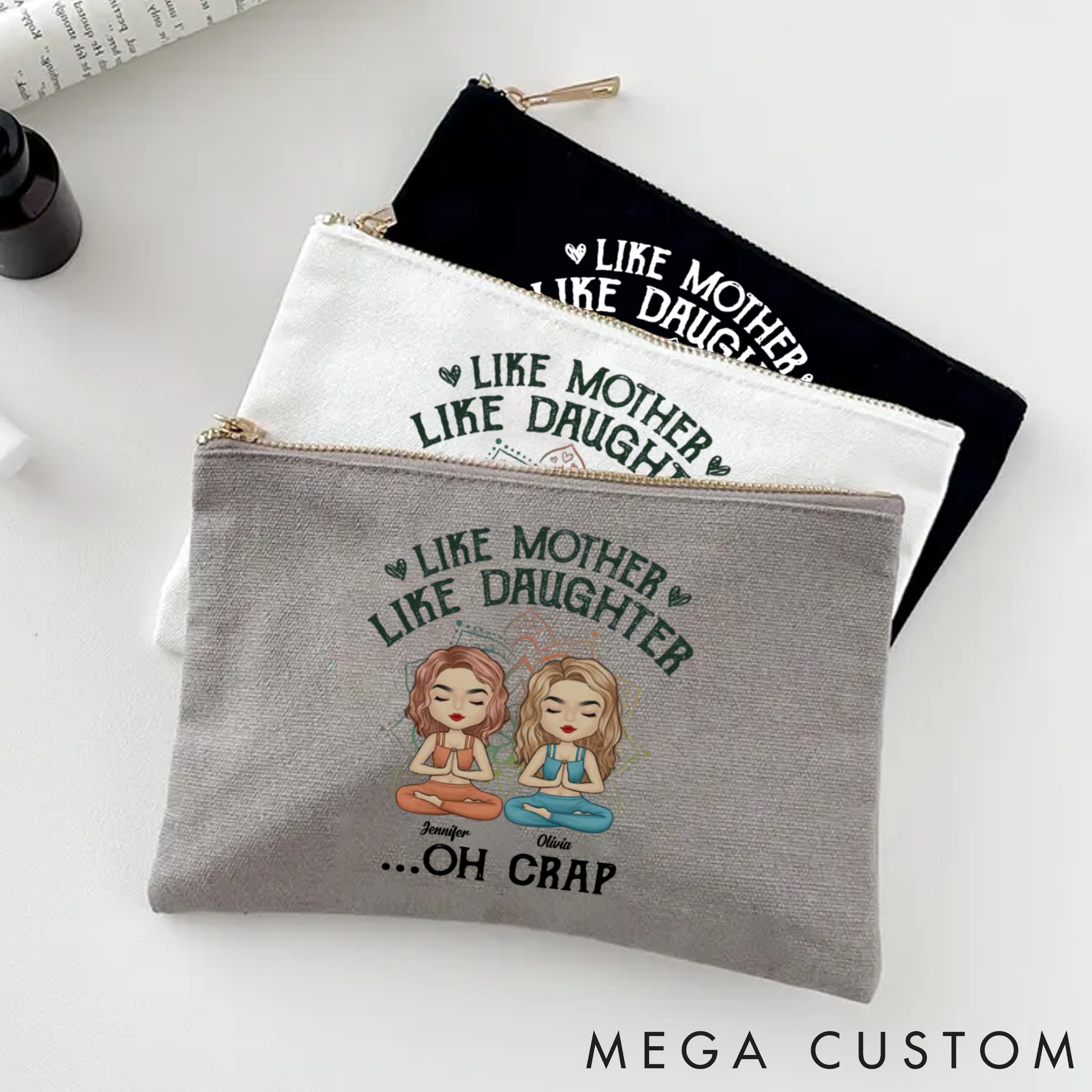 Personalized Like Mother Like Daughter Yoga Zipper Makeup Bag Custom Name Yoga Makeup Bag Gift Idea for Yoga Lover
