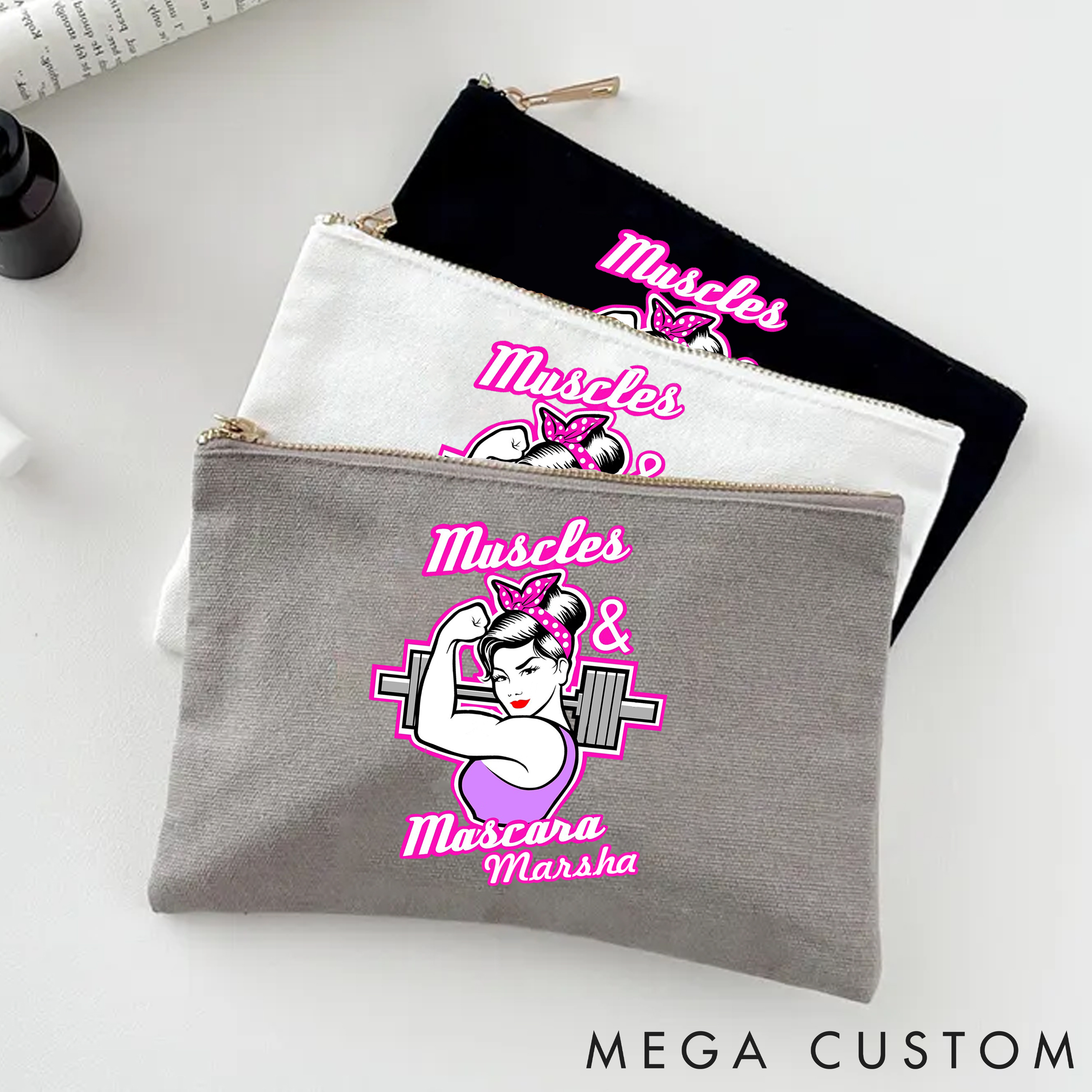 Personalized Zipper Makeup Bag with Feminine and Strong Gym Themed Artwork for Fitness Enthusiasts Bodybuilders and Gym Lovers