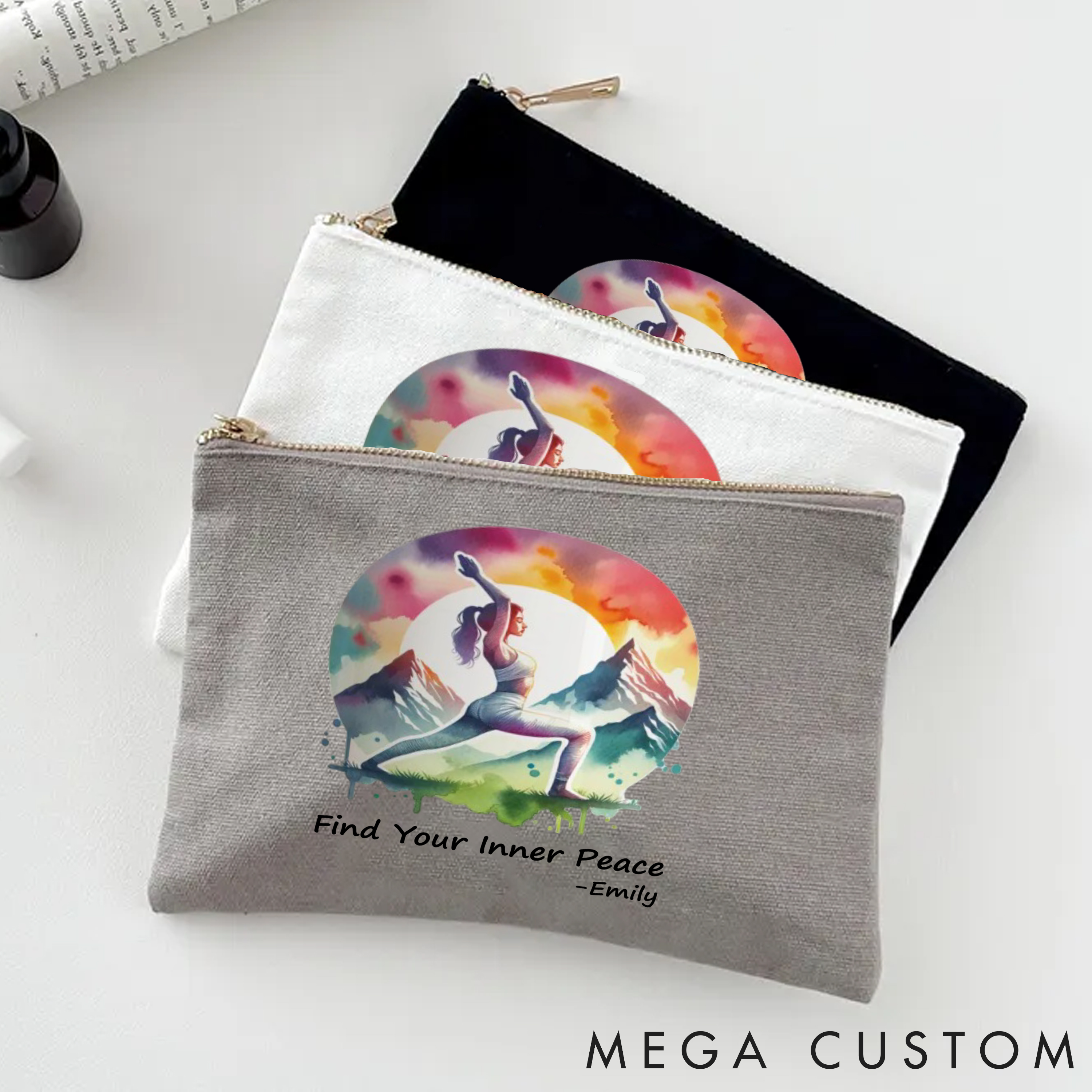 Personalized Zipper Makeup Bag with Inspiring Design Custom Name Yoga Makeup Bag Gift Idea for Yoga Lover