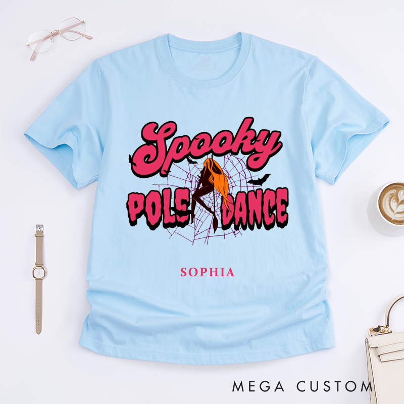Personalized Spooky Pole Dance Halloween T-Shirts Custom Name Dancer Tee Unique Gift for Women Funny Pole Lover Present for Her Halloween Apparel