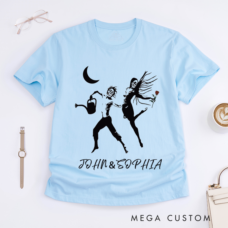 Personalized Gothic Forever Skeleton Couple Art Unisex T-Shirts Unique Romantic Gift for Lovers Friends Custom Name Cute Dark Aesthetic Tee
