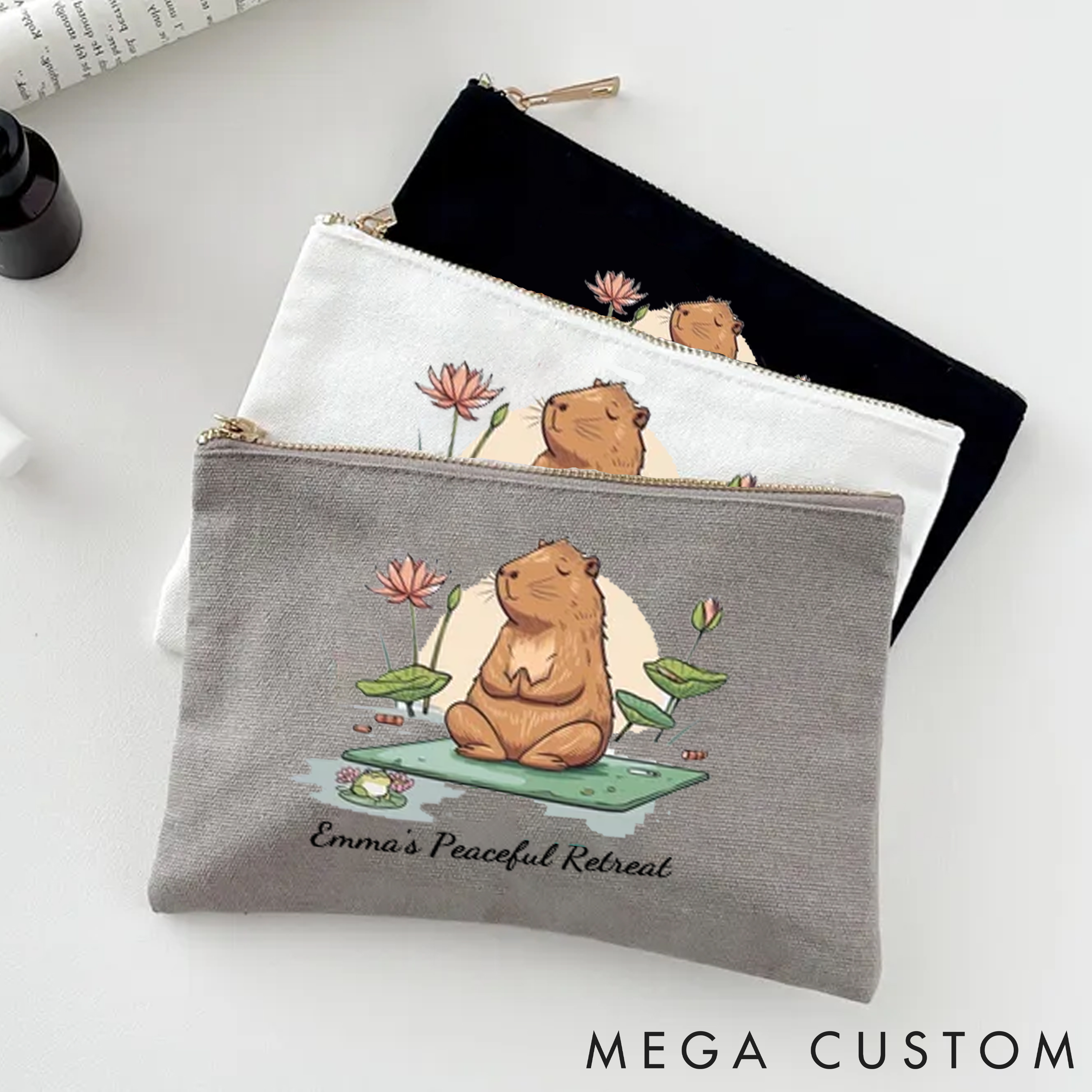 Personalized Zipper Makeup Bag with Peaceful Capybara Design Custom Name Yoga Makeup Bag Gift Idea for Yoga Lover