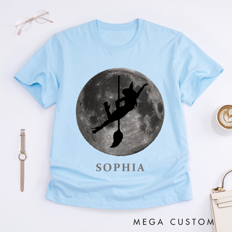 Personalized Dance Witch Broomstick T-Shirts Custom Name Halloween Gift for Women Unique Witchy Shirt for Her Full Moon Silhouette Night Top