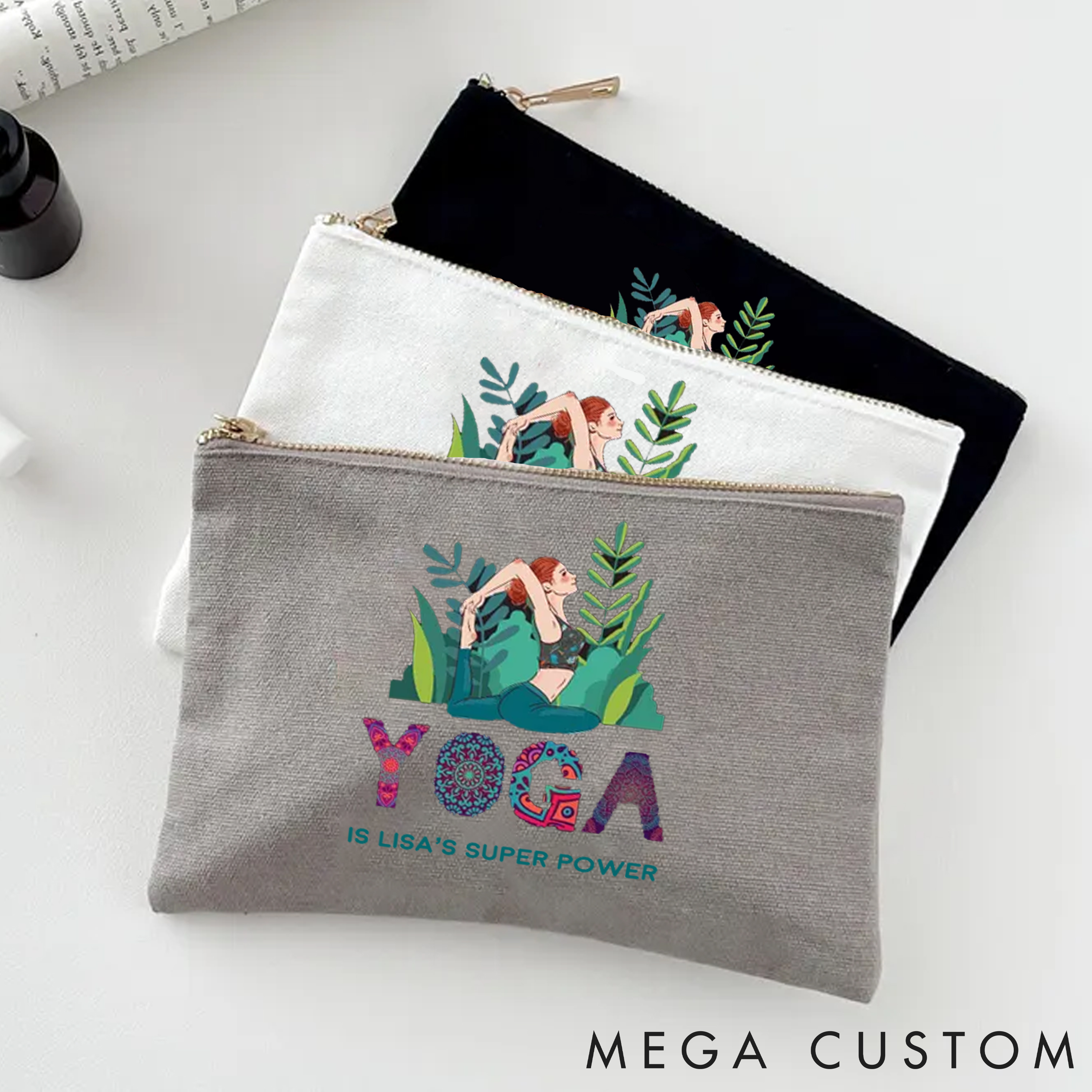Personalized Yoga Superpower Makeup Bag with Nature-Inspired Design Custom Name Yoga Makeup Bag Gift Idea for Yoga Lover