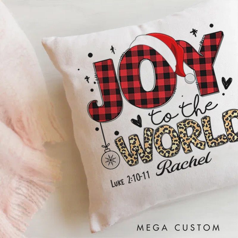 Personalized Joy to the World Buffalo Plaid Leopard Throw Pillow with Name Religious Home Decor Christmas Gift for Women