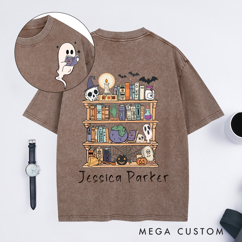 Personalized Ghost Book Reader Washed T-Shirts Halloween Library Shirt Halloween Reading Tee Book Lover Gift Skeleton Book Club Reading Shirts