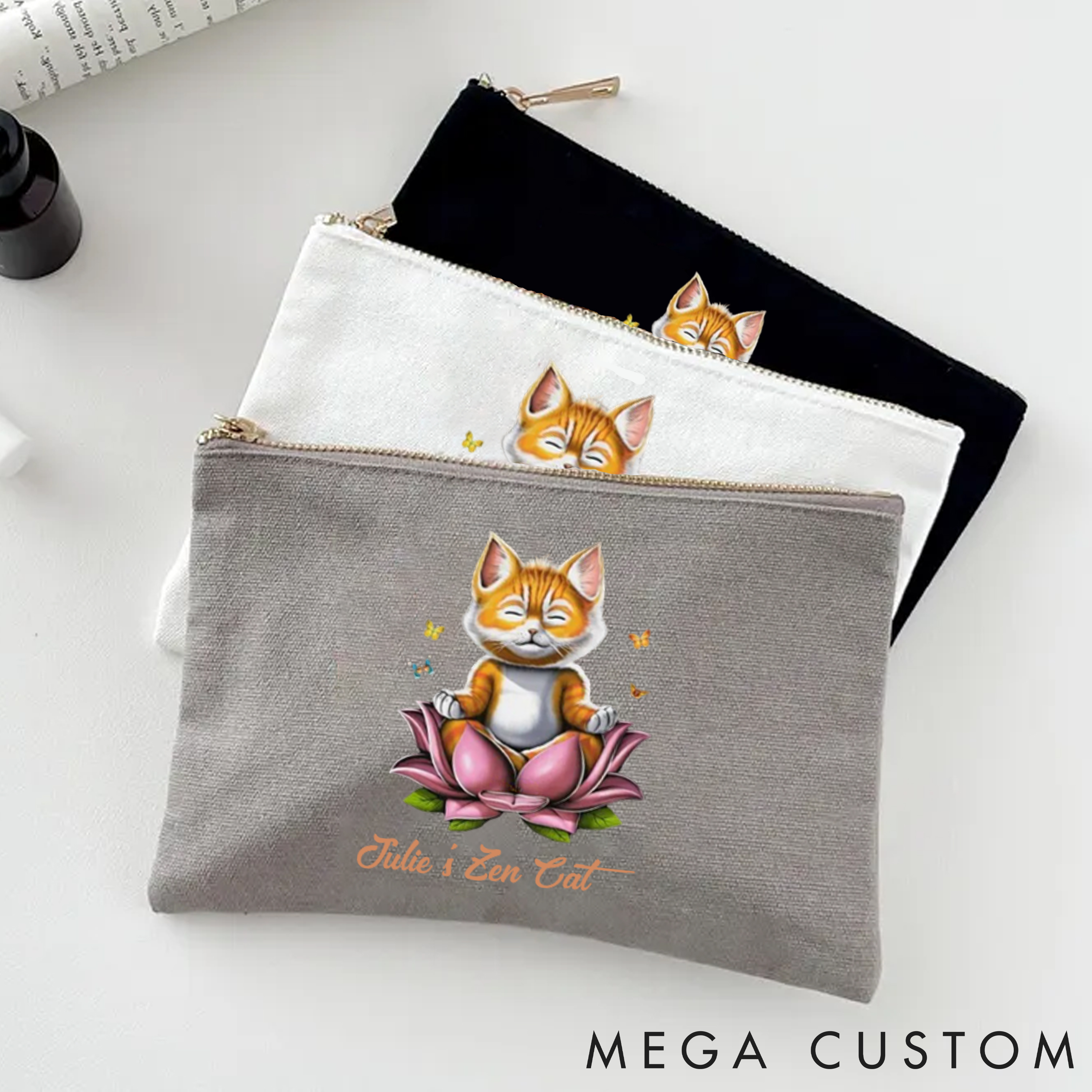 Personalized Makeup Bag with Zen Cat and Adorable Lotus Design Custom Name Yoga Makeup Bag Gift Idea for Yoga Lover