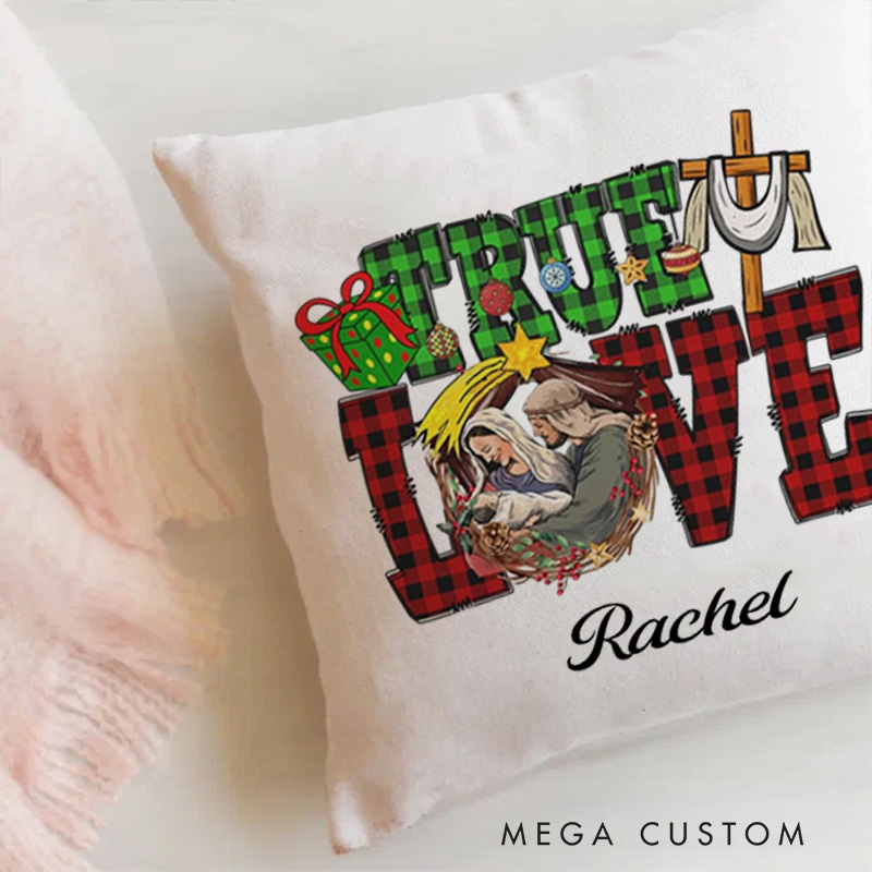 Personalized True Love Buffalo Plaid Throw Pillow with Name Religious Home Decor Christmas Gift for Women