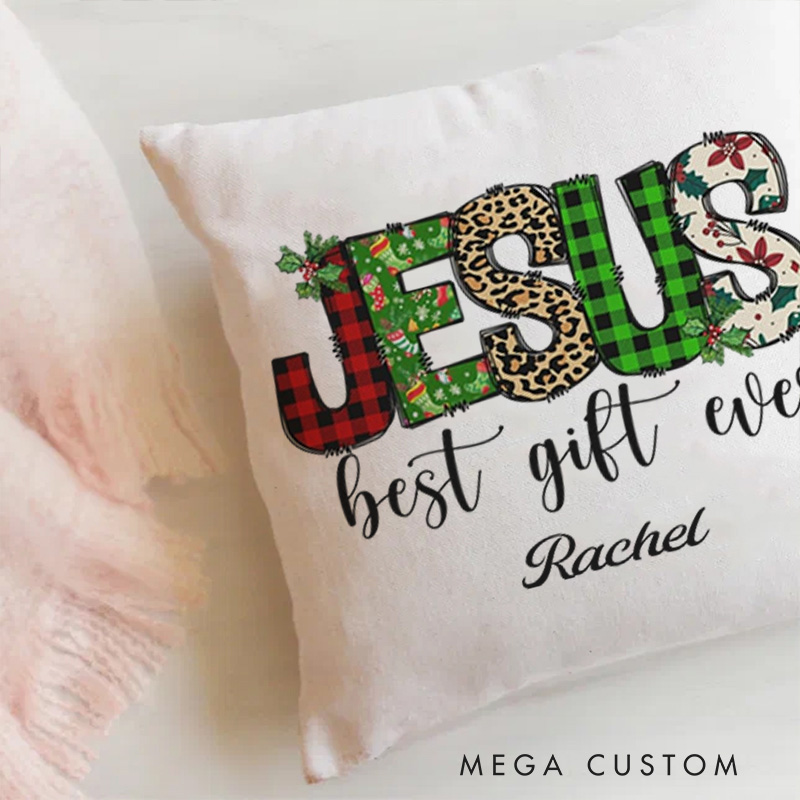 Personalized Jesus Best Gift ever Buffalo Plaid Leopard Throw Pillow with Name Religious Home Decor Christmas Gift for Women