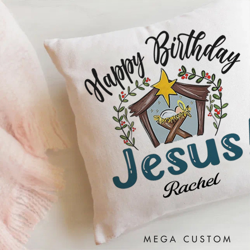 Personalized Jesus in a Manger Happy Birthday Jesus Throw Pillow with Name Religious Home Decor Christmas Gift for Women