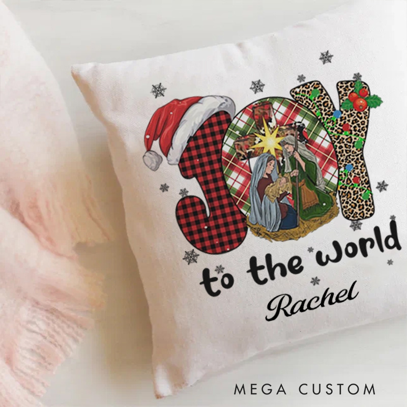 Personalized Joy to the World Buffalo Plaid Leopard Throw Pillow with Name Religious Home Decor Christmas Gift for Women