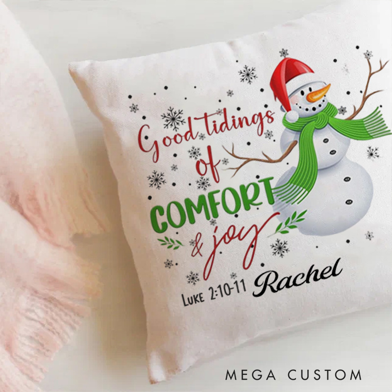 Personalized Good Tidings of Comfort and Joy Snowman Throw Pillow with Name Religious Home Decor Christmas Gift for Women