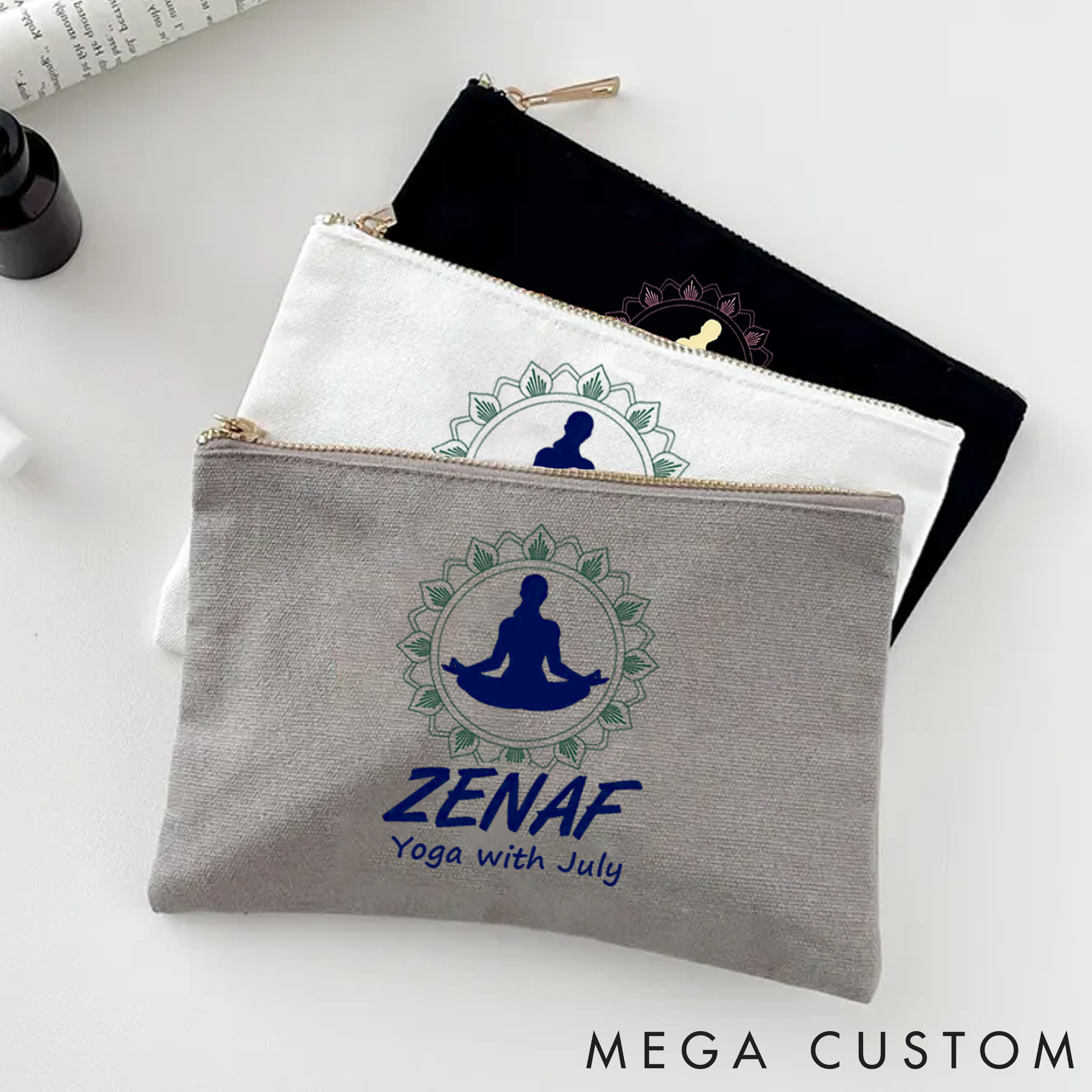 Personalized Makeup Bag with ZENAF Yoga and Elegant Lotus Design Custom Name Yoga Makeup Bag Gift Idea for Yoga Lover