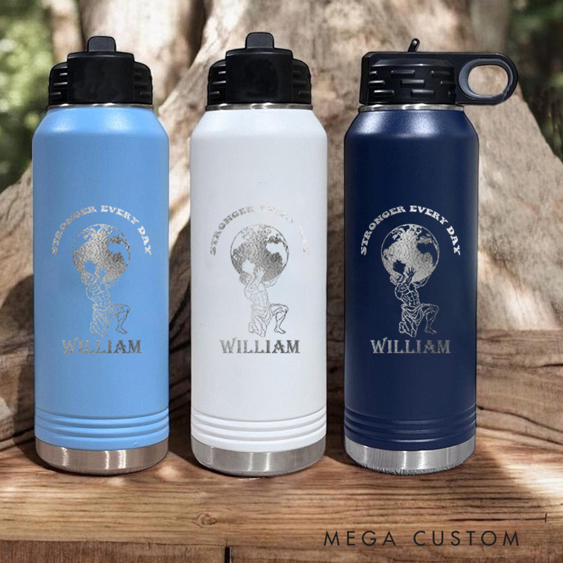 Personalized Gym Water Bottles with Motivational Globe Lifting Artwork for Fitness Enthusiasts Bodybuilders and Gym Lovers