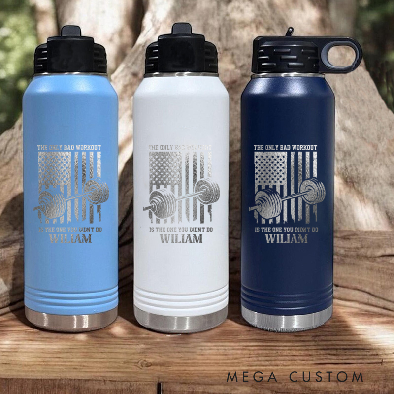 Personalized Gym Water Bottles with Patriotic American Flag and Barbell Print for Fitness Enthusiasts Bodybuilders and Gym Lovers