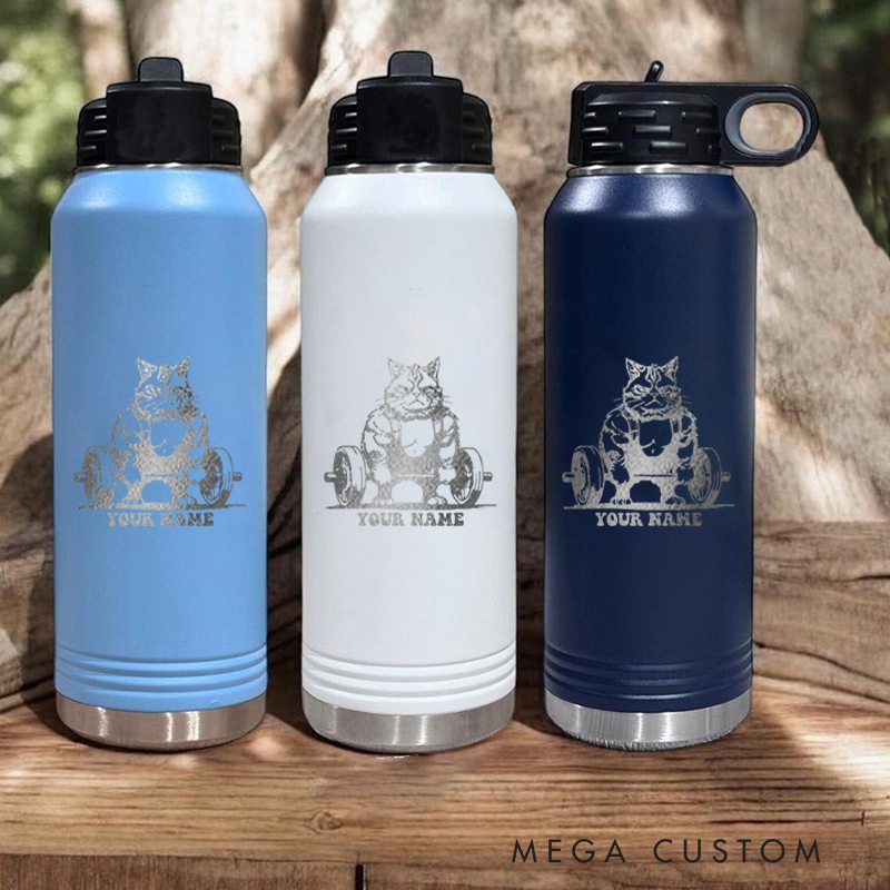 Personalized Gym Water Bottles with Playful Cat Lifting Barbell Print for Fitness Enthusiasts Bodybuilders and Gym Lovers