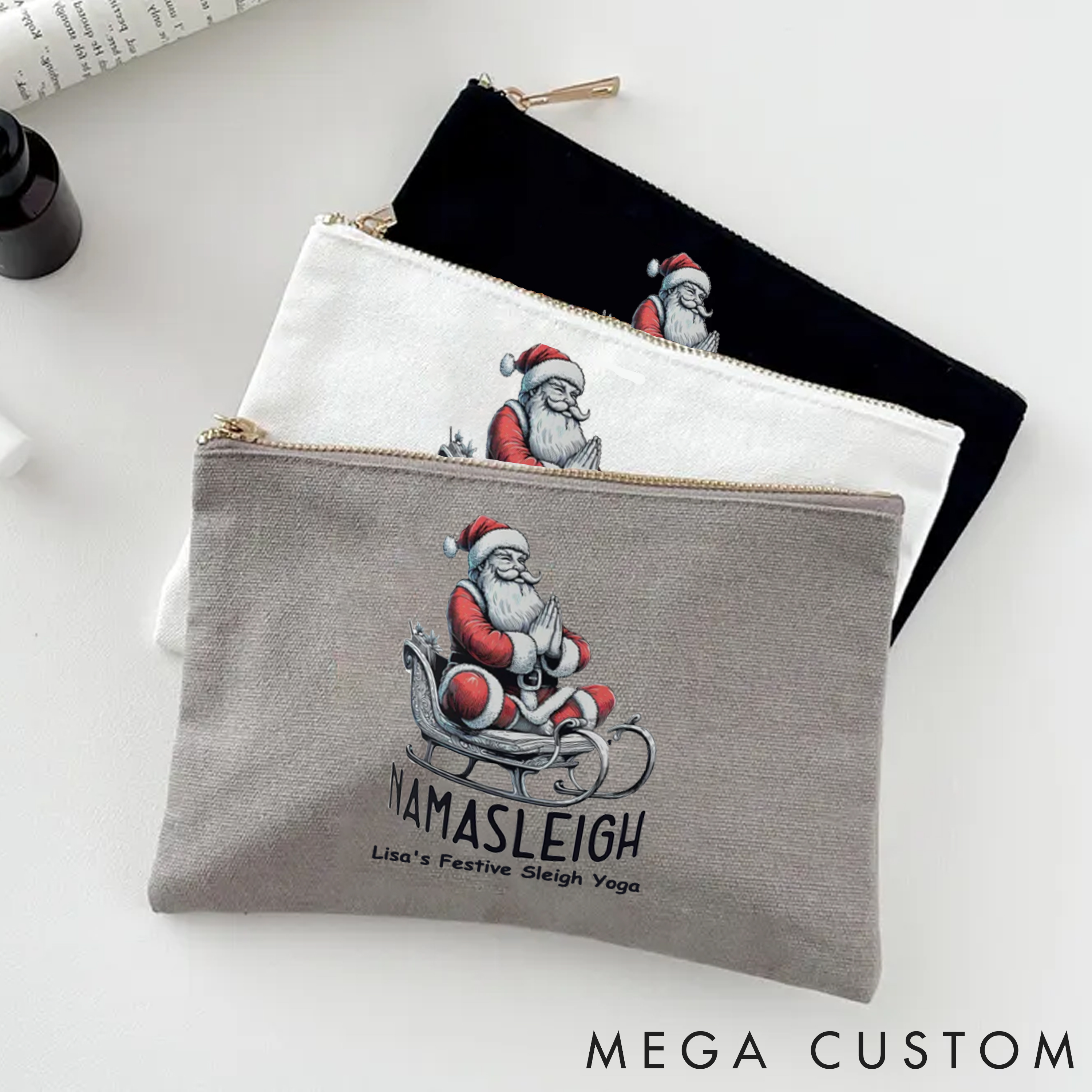 Personalized Christmas Yoga Makeup Bag with Fun Santa Sleigh Design Custom Name Yoga Makeup Bag Gift Idea for Yoga Lover