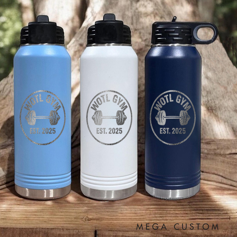 Personalized Gym Water Bottles with Barbell and Established Date for Fitness Enthusiasts Bodybuilders and Gym Lovers