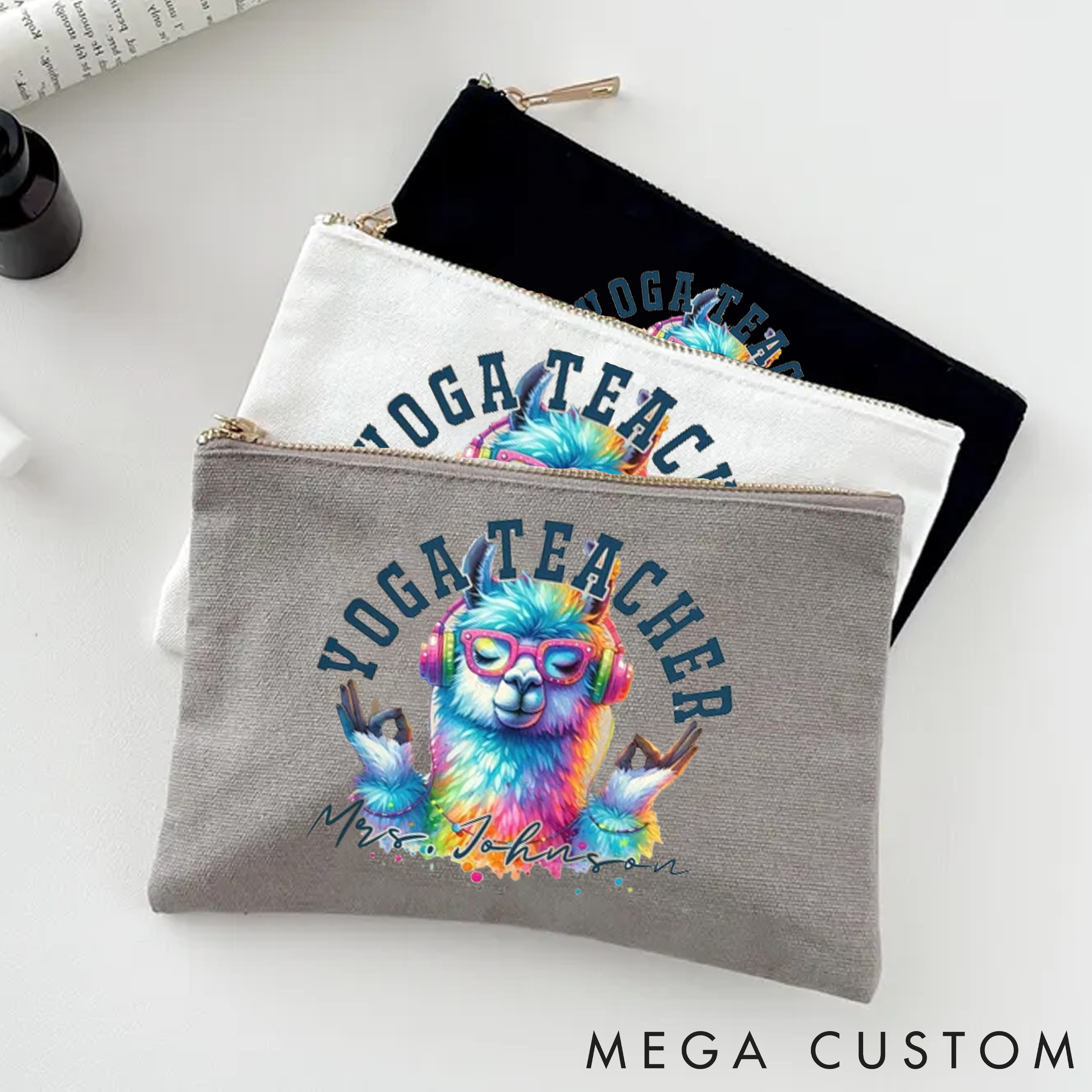 Personalized Yoga Teacher Makeup Bag with Funny Rainbow Llama Design Custom Name Yoga Makeup Bag Gift Idea for Yoga Lover