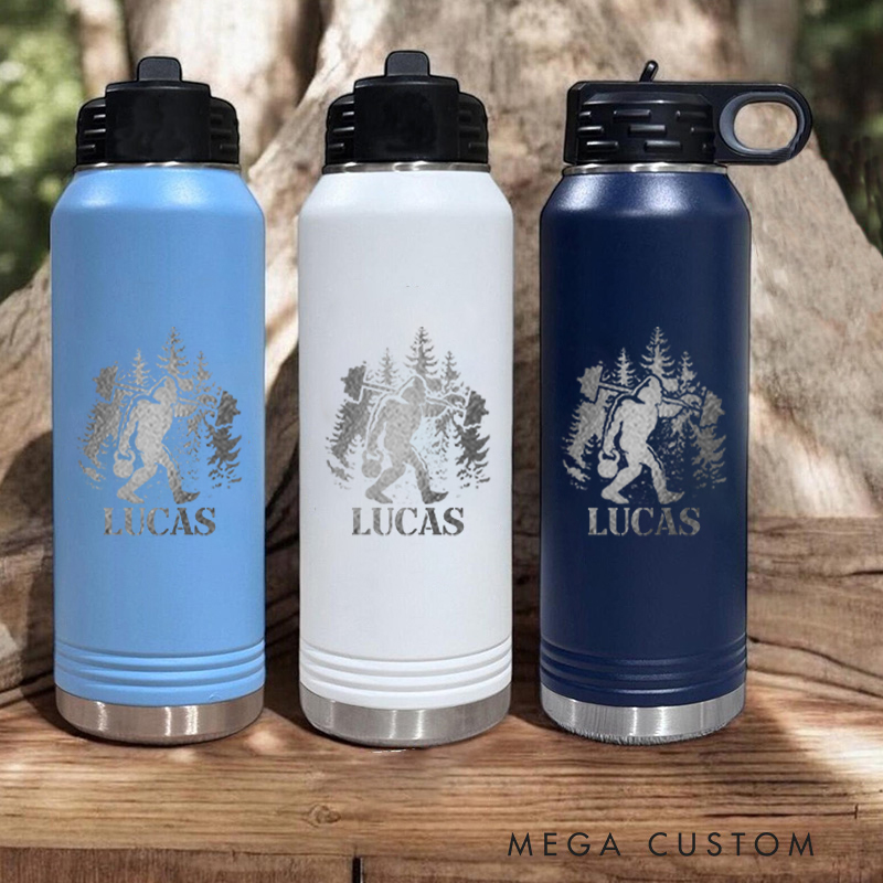 Personalized Gym Water Bottles with Bigfoot in the Forest Design for Fitness Enthusiasts Bodybuilders and Gym Lovers