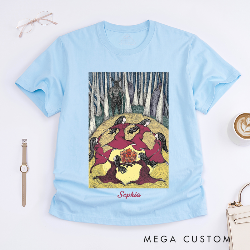 Personalized Witchy Women Circle Dance T-Shirts Mystical Forest Bonfire Art Unique Spiritual Gift for Her Ladies Custom Name Witch Tee