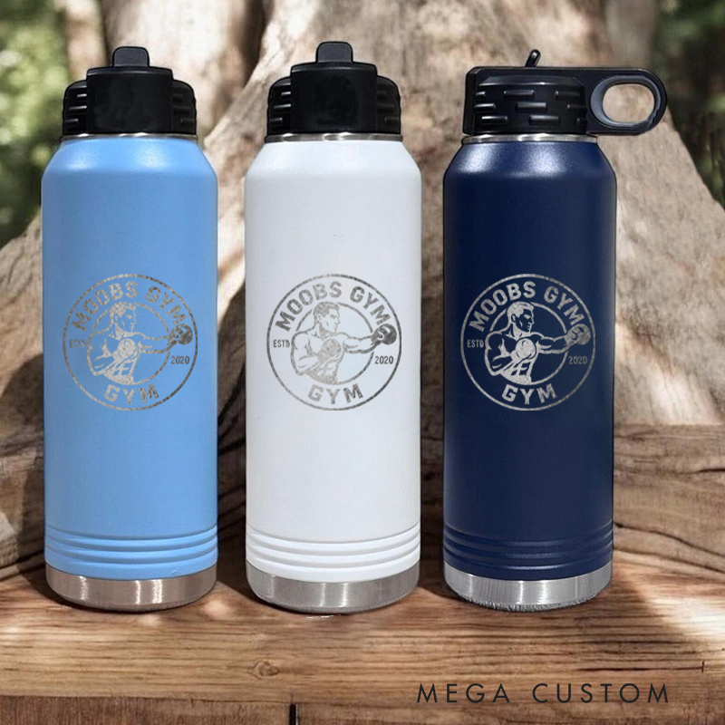 Personalized Gym Water Bottles with Iconic Strongman Logo with Barbell and Established Year for Fitness Enthusiasts Bodybuilders and Gym Lovers