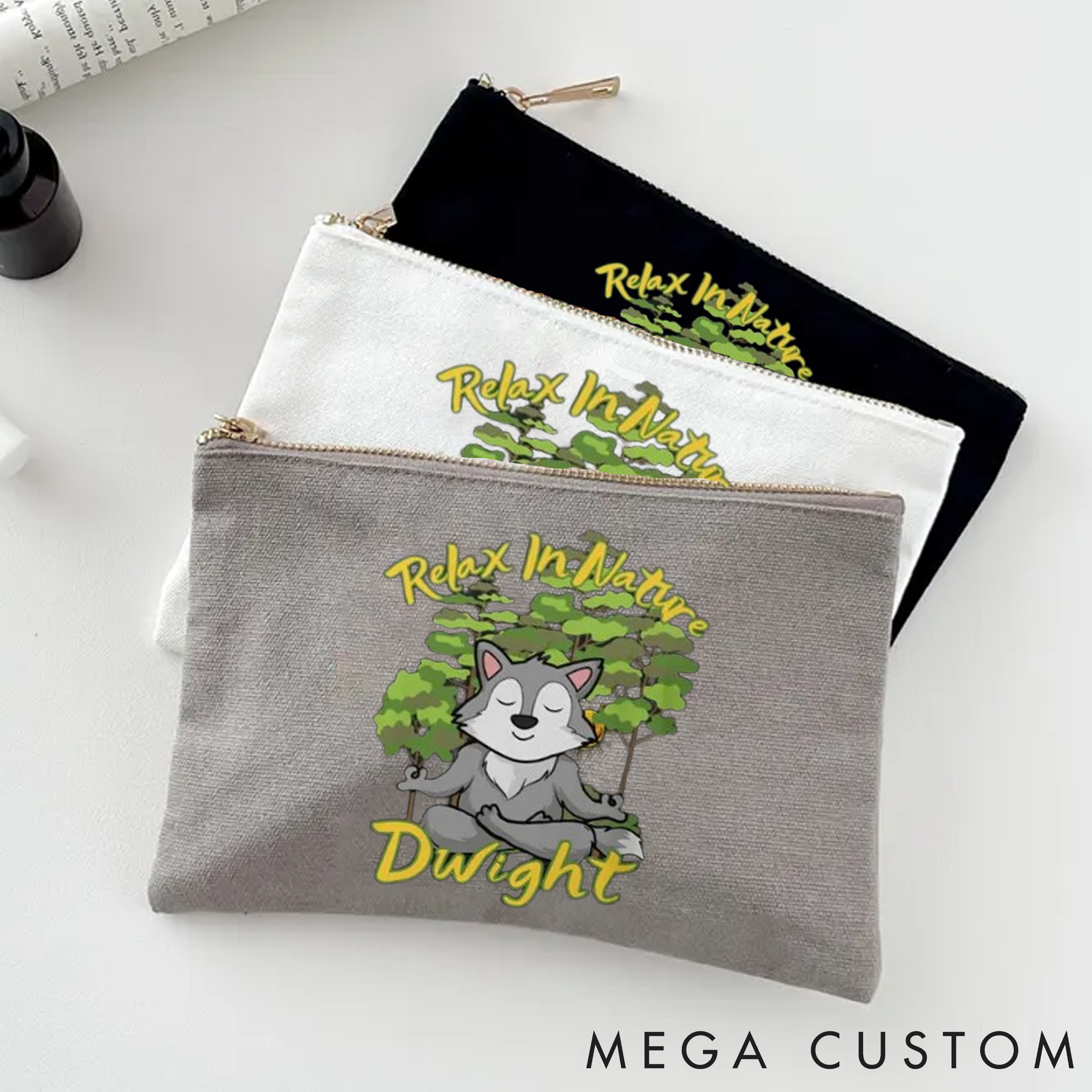 Personalized Yoga Makeup Bag with Relax in Nature and Cute Fox Design Custom Name Yoga Makeup Bag Gift Idea for Yoga Lover