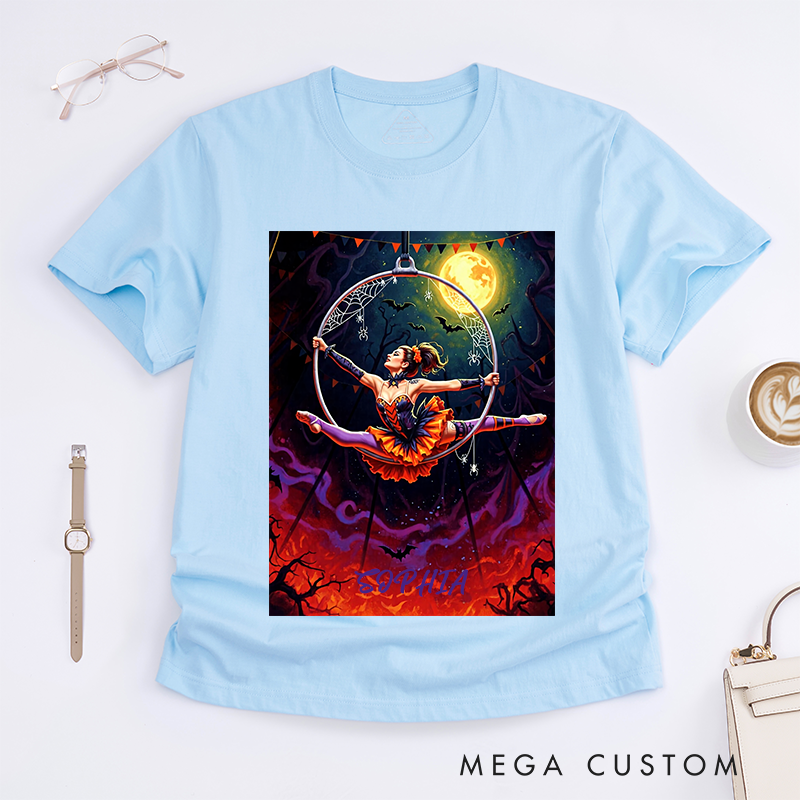 Personalized Halloween Dancing T-Shirts Custom Name Acrobat Performer Gift for Women Unique Fall Witchy Costume Tee Present