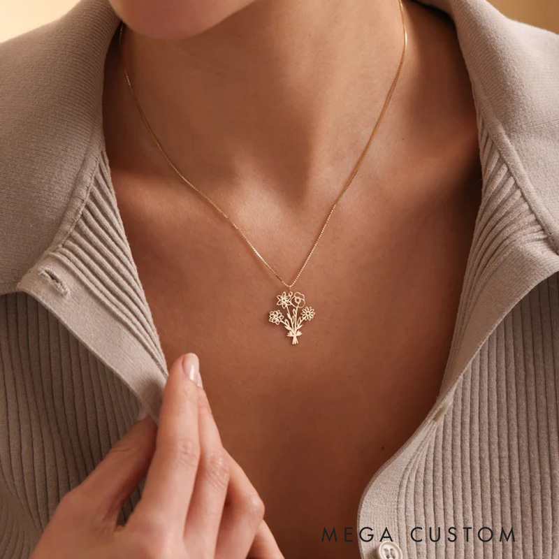 Personalized Birth Flower Necklace Multiple Birth Flower Bouquet Necklace Birth Flower Gift