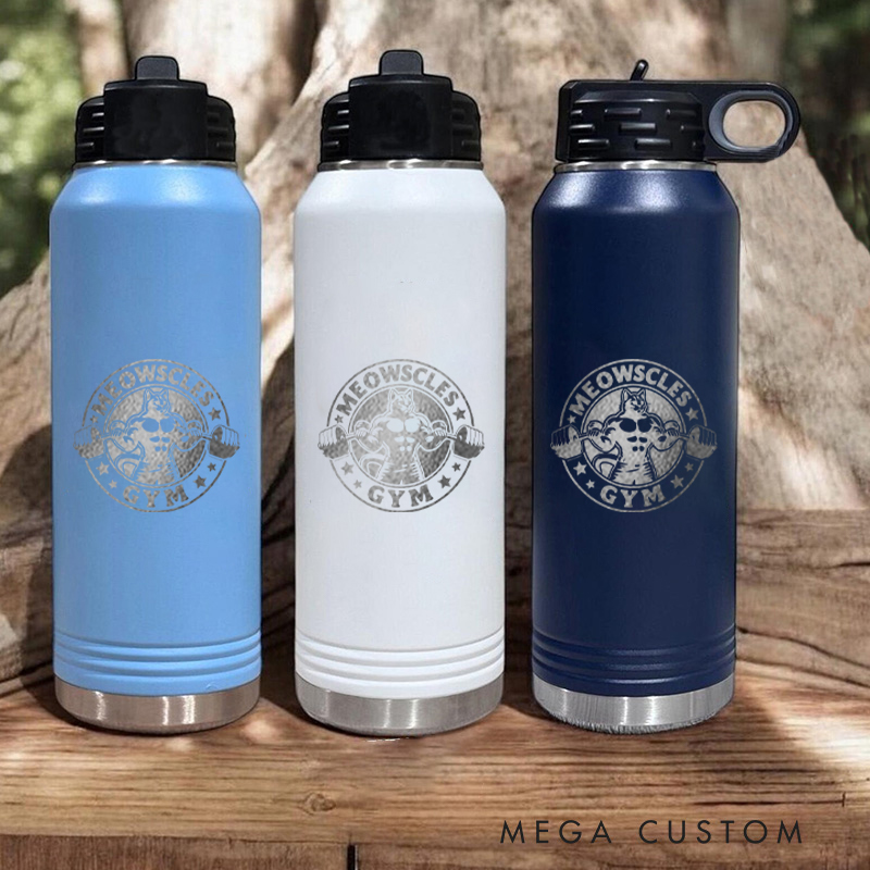 Personalized Gym Water Bottles with Muscular Cat Design and Star Accents for Fitness Enthusiasts Bodybuilders and Gym Lovers