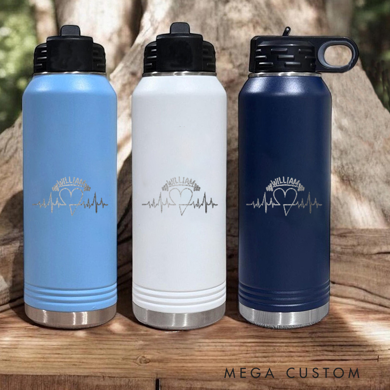 Personalized Gym Water Bottles with Heartbeat Line and Heart Design for Fitness Enthusiasts Bodybuilders and Gym Lovers
