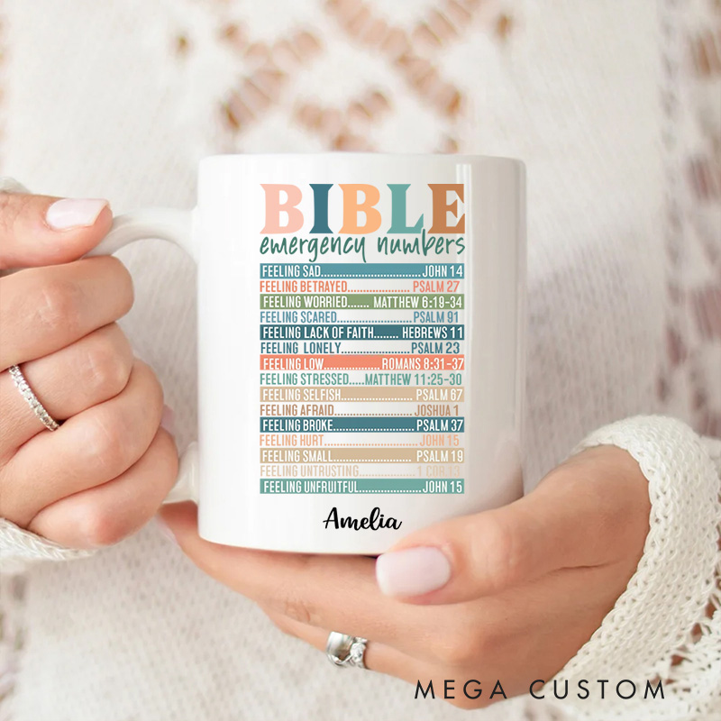 Personalized Multicolor Bible Emergency Numbers Ceramic Mug with Name Religious Gift Birthday Gift for Girls