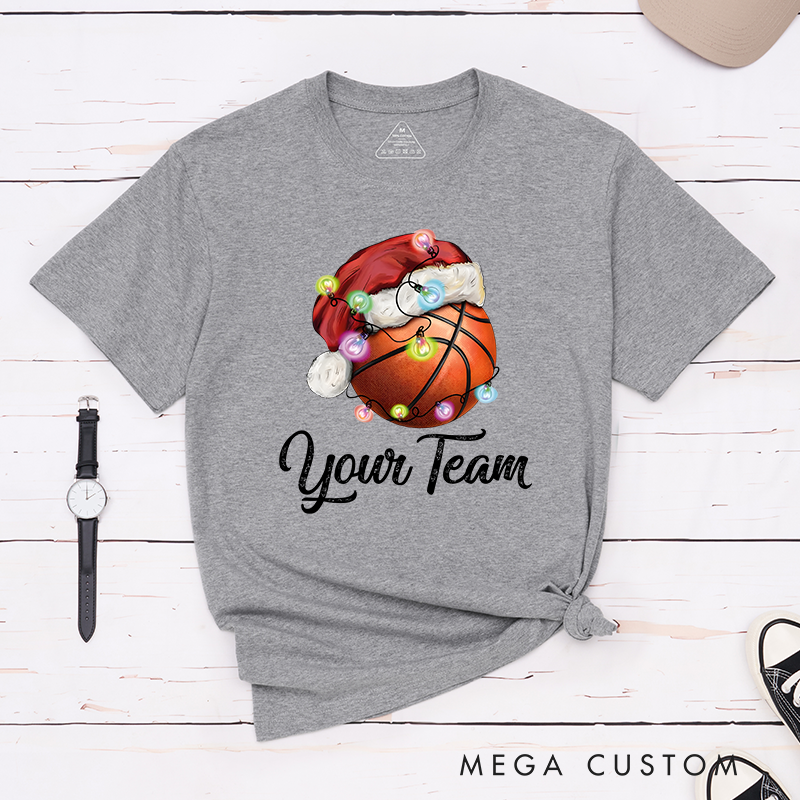Personalized Christmas Basketball T-Shirt with Custom Team Name and Festive Design