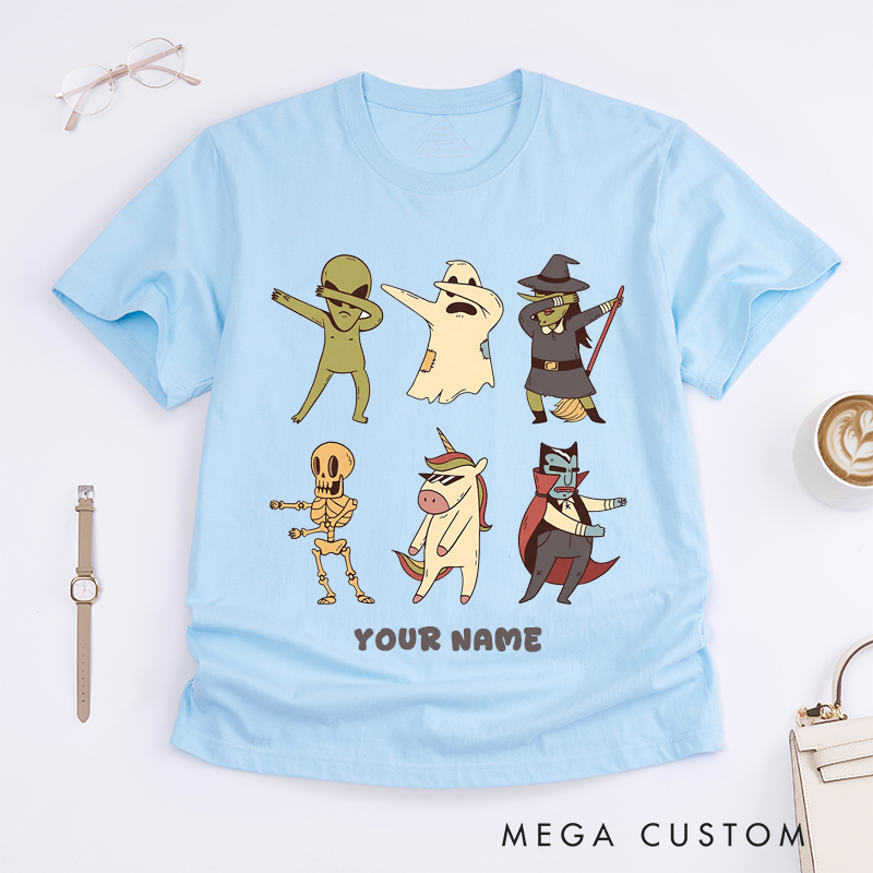 Personalized Ghost Dancing T-Shirts Custom Name Cartoon Ghost Tee Unisex Cute Halloween Spirit Funny Gift