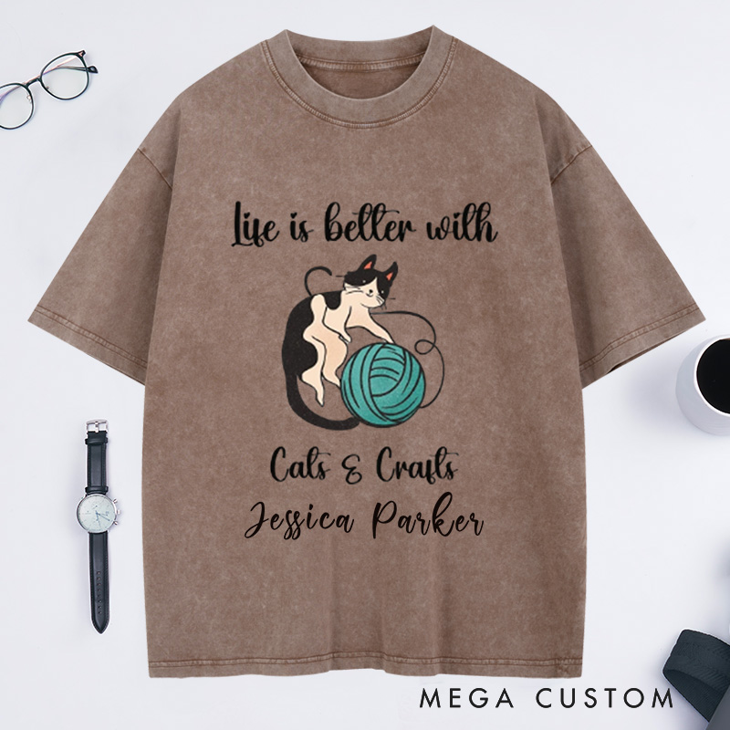 Personalized Cat Knitting Crafts Washed T-Shirts MidCentury Cat Knitting Shirt Vintage Cat T-Shirt BoHo Knitting Shirt Funny Cat Lover Shirt