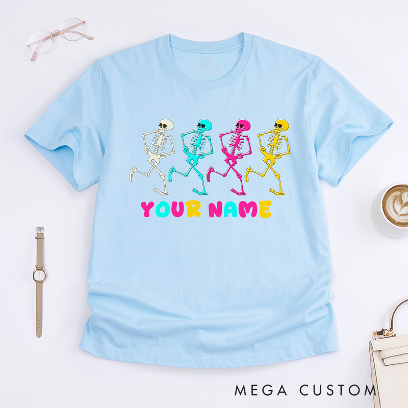 Personalized Dancing Skeletons T-Shirt Unisex Funny Runners Skeleton Graphic Tee Unique Halloween Gift for Friends Family