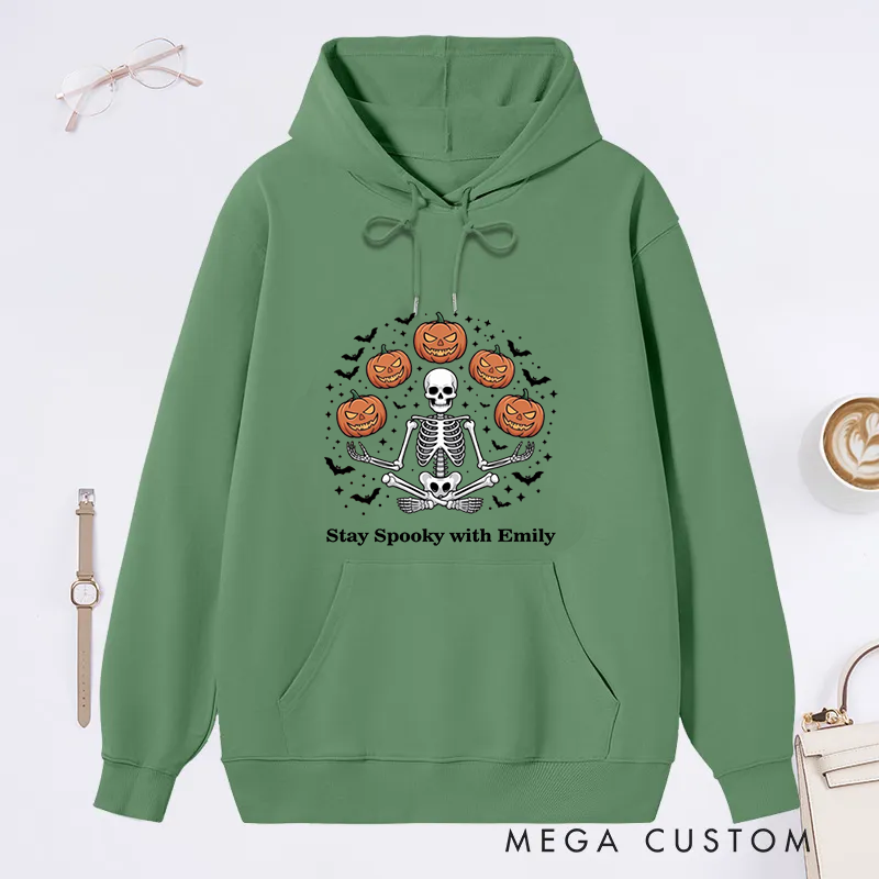 Personalized Halloween Classic Hoodie with Spooky Skeleton and Pumpkin Design Custom Name Gift Idea for Yoga Lover