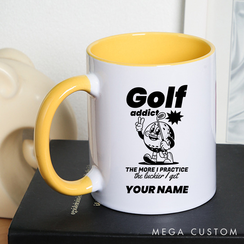 Personalized Golf Mug with Custom Name Golf Addict Design The More I Practice The Luckier I Get Durable Ceramic Two Tone Handle