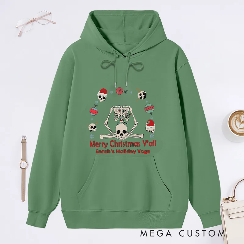 Personalized Christmas Classic Hoodie with Meditating Skeleton Design Custom Name Gift Idea for Yoga Lover