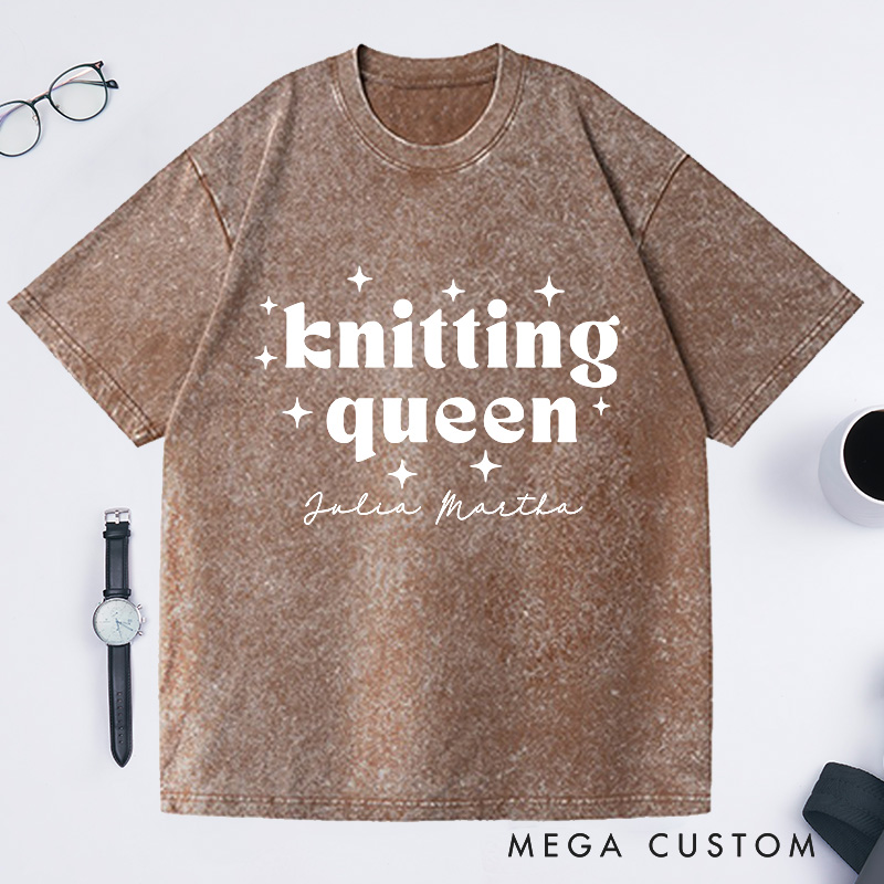 Personalized Knitting Queen Washed T-Shirts Knitter Shirt Colorful Sewing T-Shirt Womens Crochet T-Shirt Comfy Top Bright Words Tee Unique Font Shirt