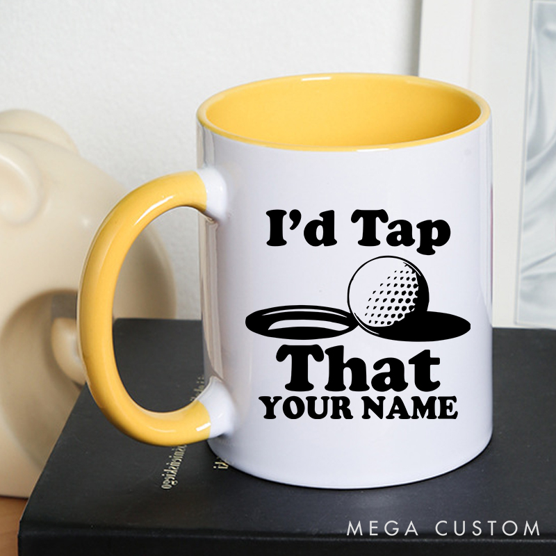 Personalized golf mug with custom name and funny "I'd Tap That" design durable ceramic perfect for golf lovers and special occasions