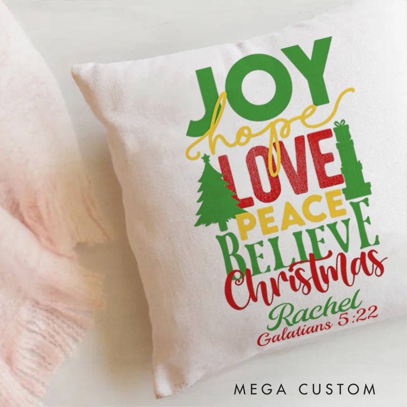 Personalized Joy hope love peace believe Christmas Throw Pillow with Name Birthday Gift for Family Religious Gift for Christian Christmas Gift