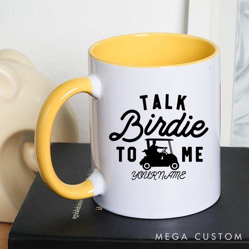 Personalized Golf Mug with Custom Name "Talk Birdie to Me" Fun Golf Cart Design Perfect Gift for Golf Lovers