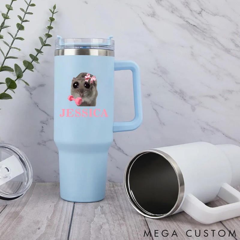 Personalized Handle Tumbler with Cute Hamster Pink Bow for Gym Lover Fitness Durable Hot or Cold Drinks