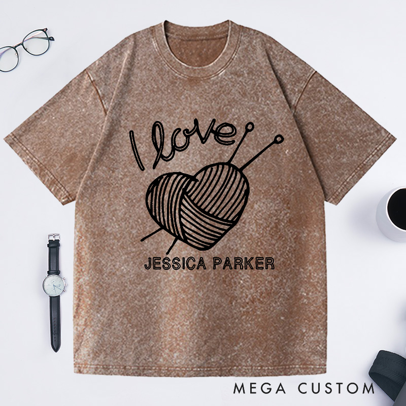 Personalized I Love Knitting Washed T-Shirts Gifts for Knitter Grandma Shirt Grandma Knit Tee Custom Tee