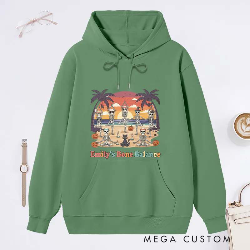 Personalized Funny Halloween Beach Theme Classic Hoodie with Bone Balance and Skeleton Yoga Design Custom Name Gift Idea for Yoga Lover