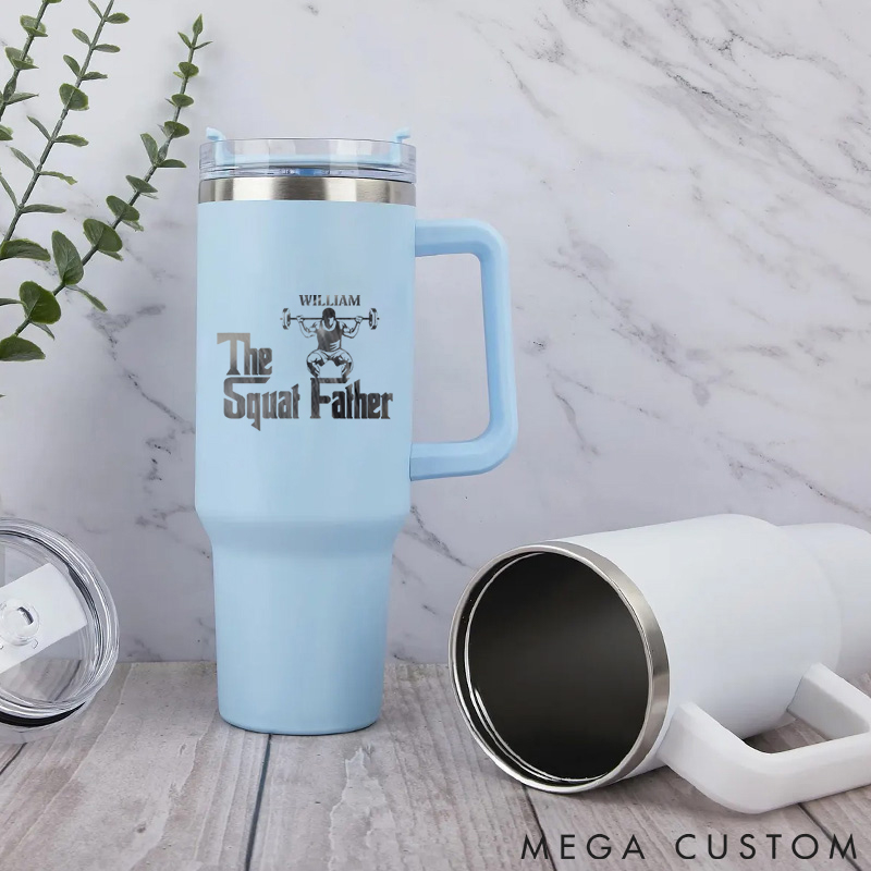 Personalized Handle Tumbler with Logo Featuring Squat and Barbell Artwork for Gym Lover Fitness Durable Hot or Cold Drinks