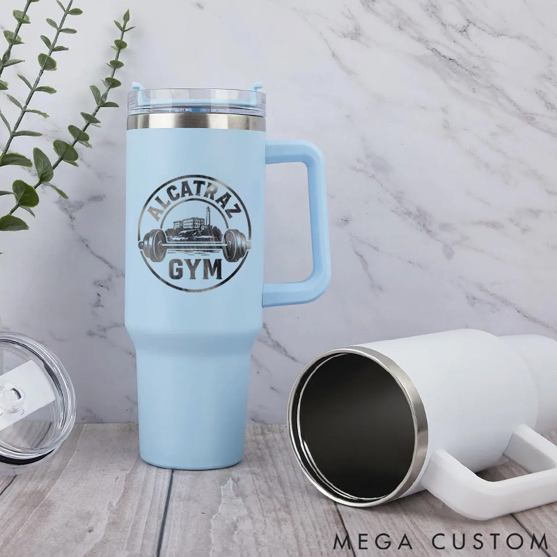 Personalized Handle Tumbler with Barbell and Prison Island Illustration for Gym Lover Fitness Durable Hot or Cold Drinks