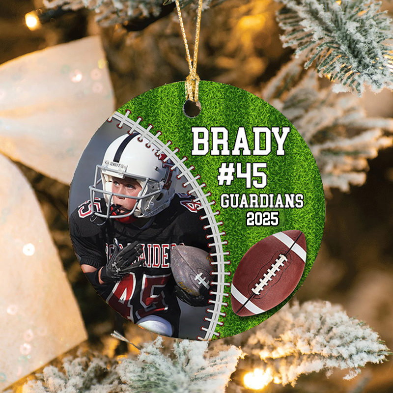 Personalized American Football Photo Design Christmas Ornament with Custom Team Name, Player Name and Year
